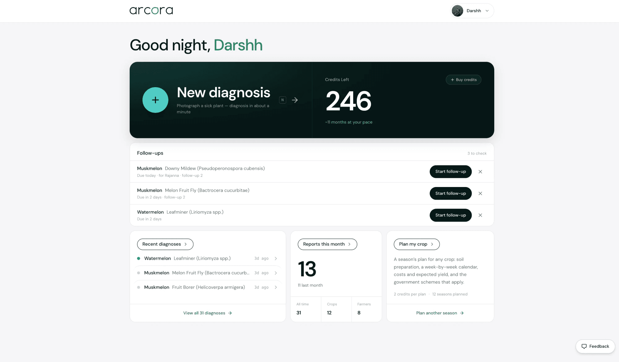 The ARCORA dashboard: start a new diagnosis, credits left, follow-ups due, recent diagnoses and reports this month.