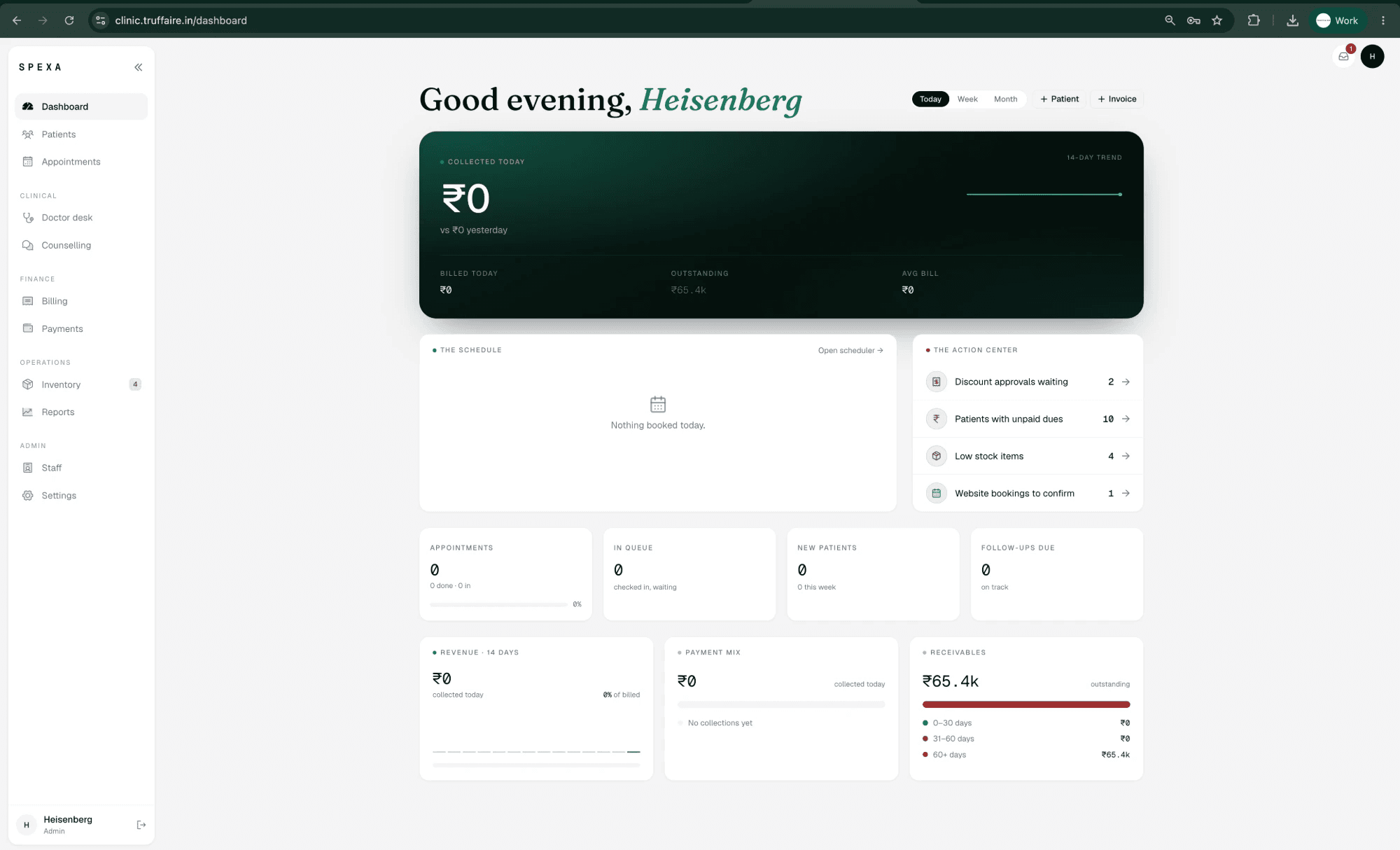 The clinic dashboard: collected today, the schedule, the action center, appointments, queue, revenue and receivables.